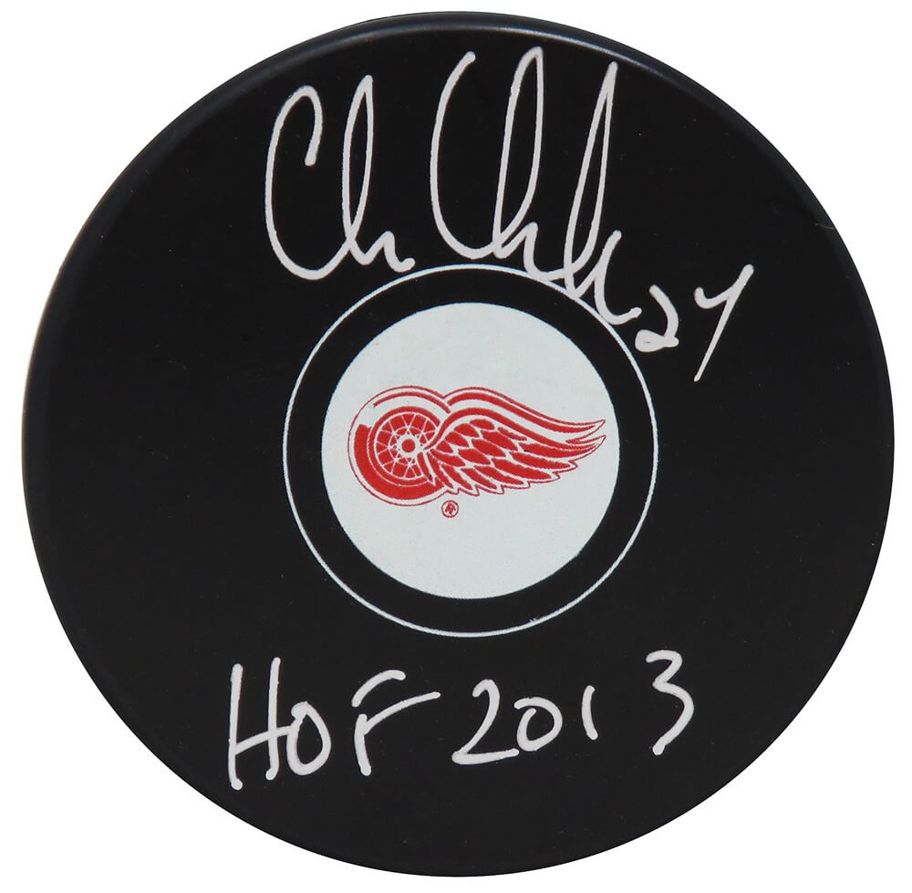 CHRIS CHELIOS Signed Red Wings Logo Hockey Puck w/HOF 2013 - SCHWARTZ