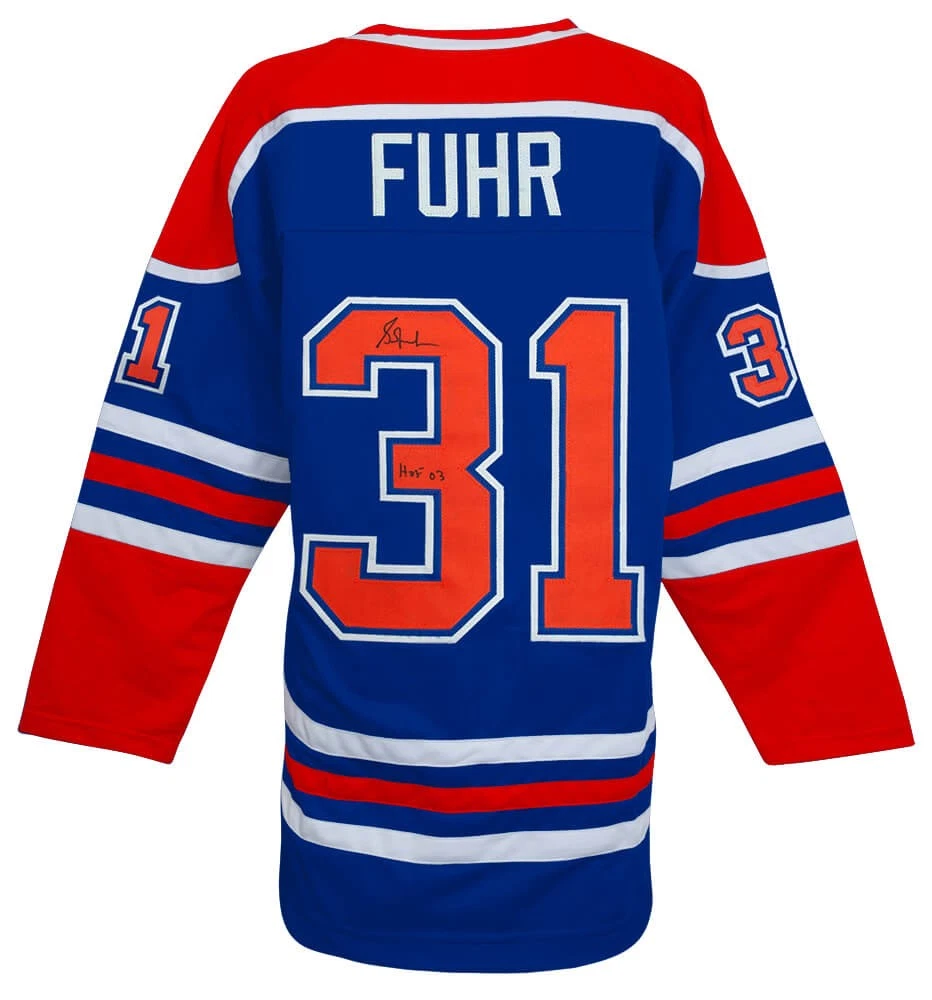 Grant Fuhr Signed Blue Throwback Custom Hockey Jersey w/HOF'03 - (SCHWARTZ COA)