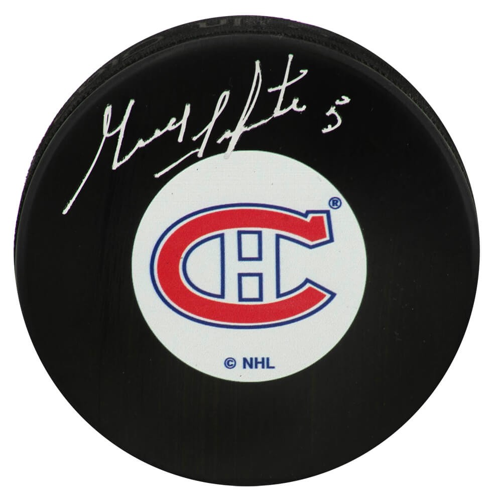 Guy Lapointe Signed Montreal Canadiens Team Logo Hockey Puck - (SCHWARTZ COA)