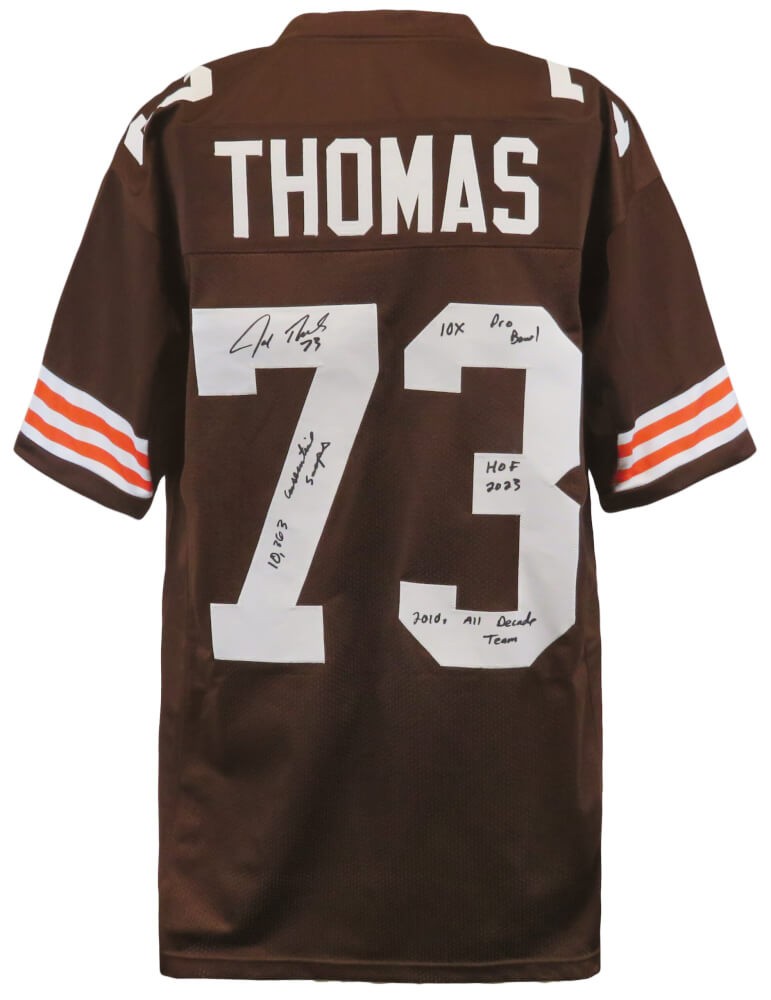 Joe Thomas Signed Brown Custom Football Jersey w/4-Inscriptions - (SCHWARTZ COA)
