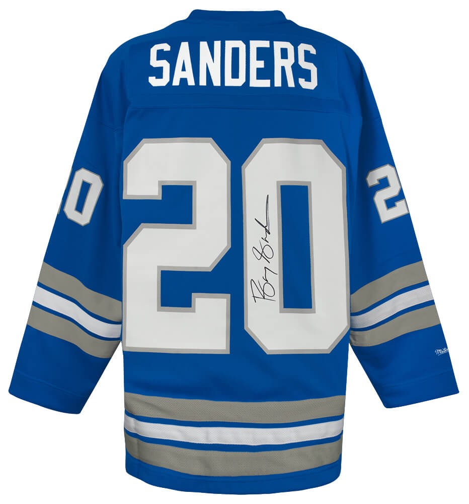 Barry Sanders Signed Detroit Lions Blue Maxxed Out M&N Hockey Jersey - (SS COA)