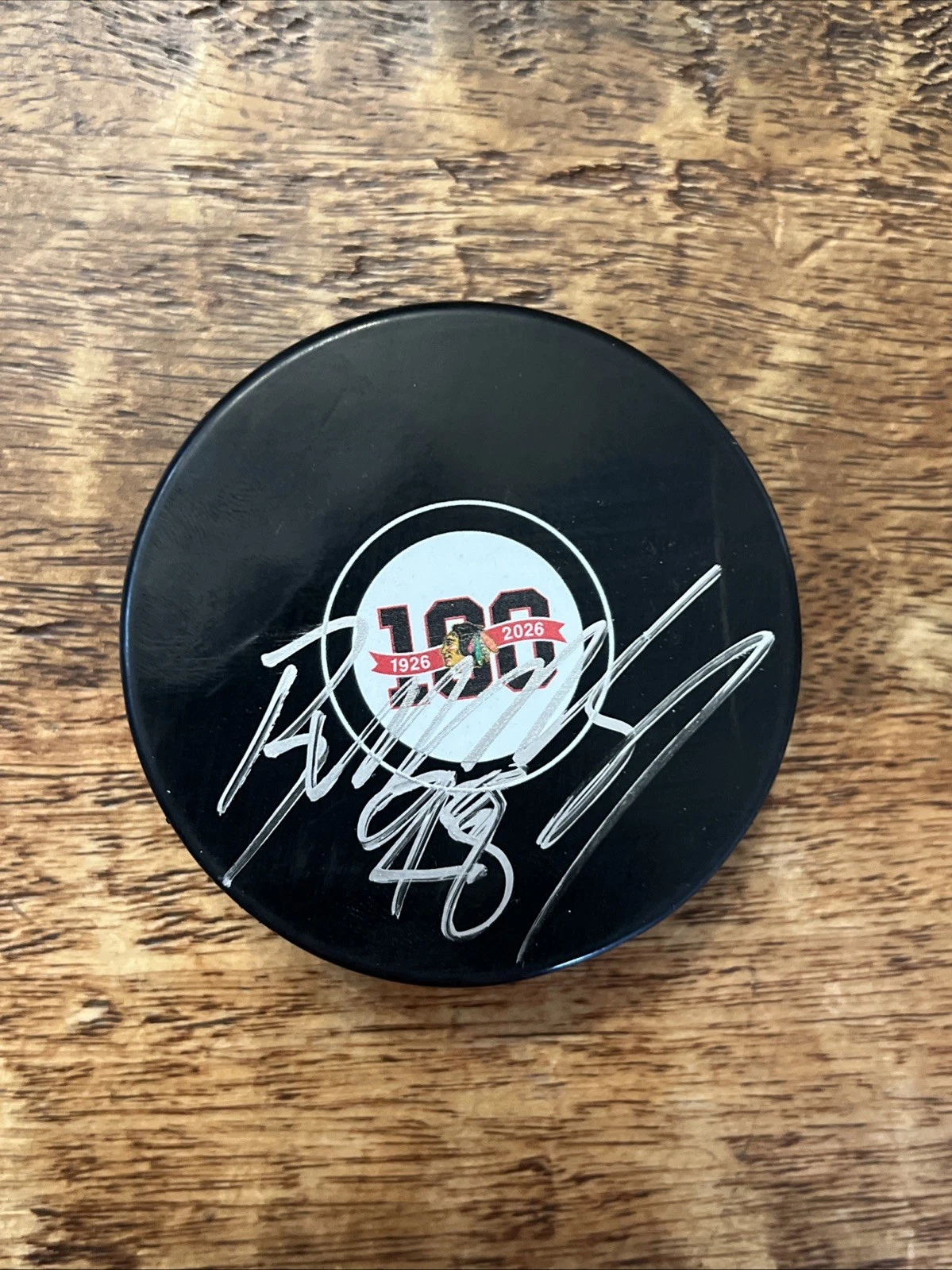 Andre Burakovsky Signed Chicago Blackhawks 100th Anniversary Puck JSA Coa Auto