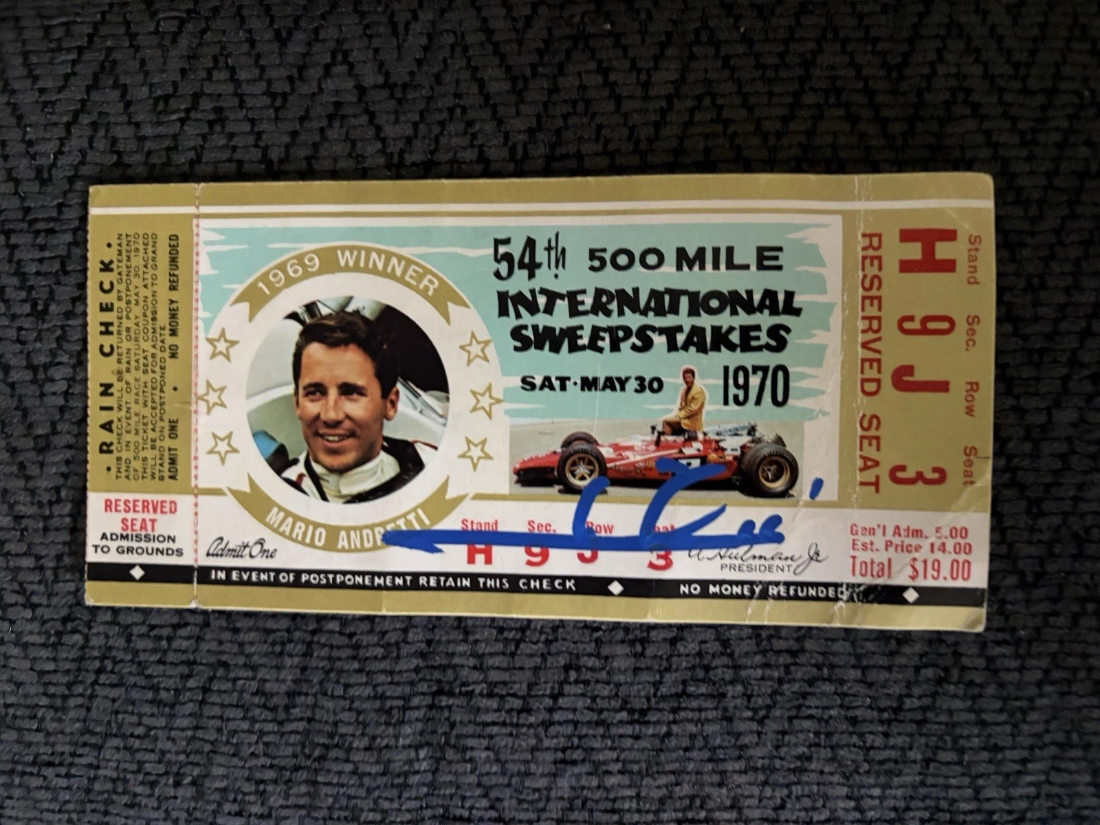 Mario Andretti (1969 Winner) Signed Indianapolis Indy 500 Ticket 1970 Race