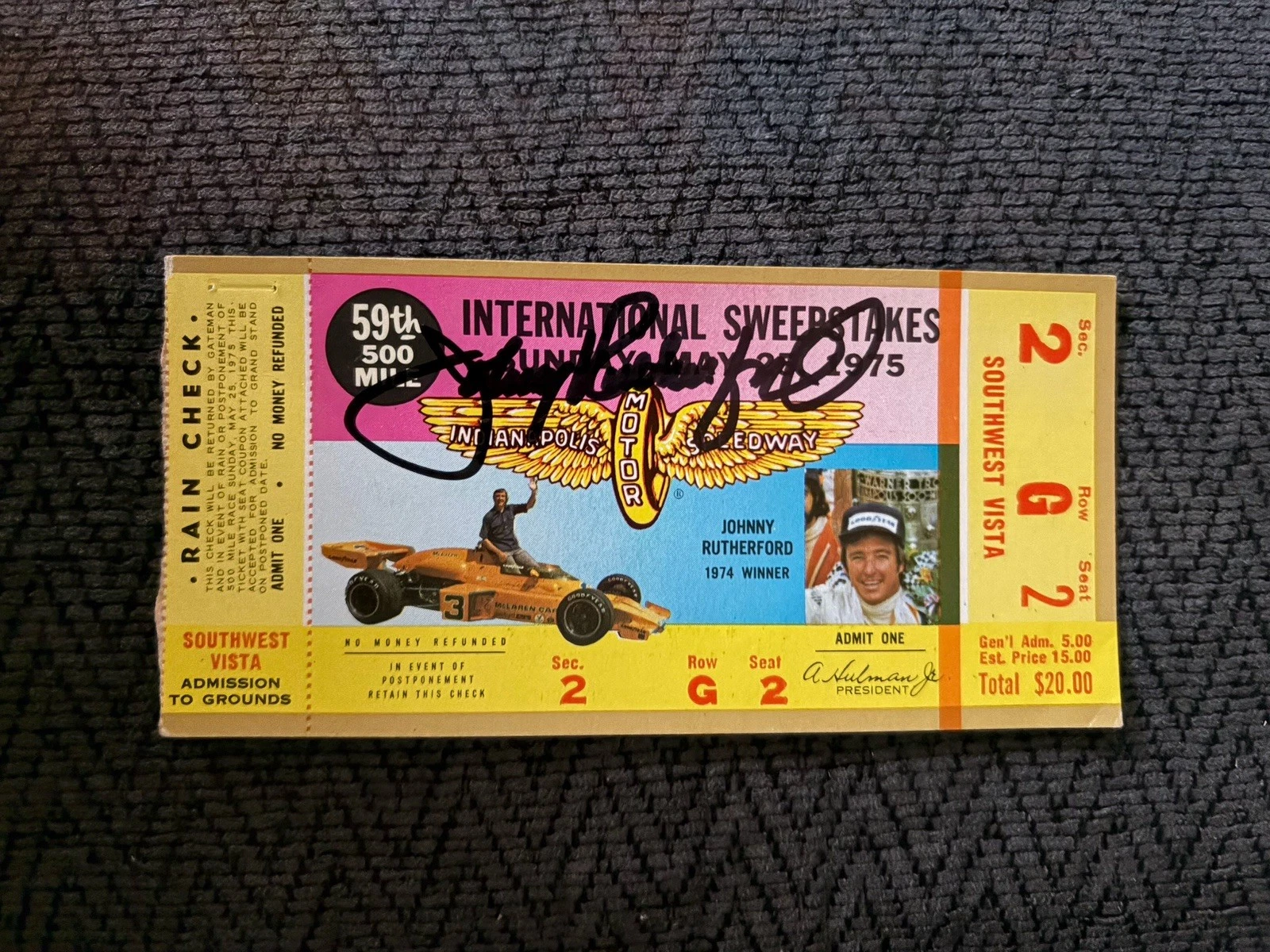 Johnny Rutherford (1974 Winner) Signed Indianapolis Indy 500 Ticket 1975 Auto