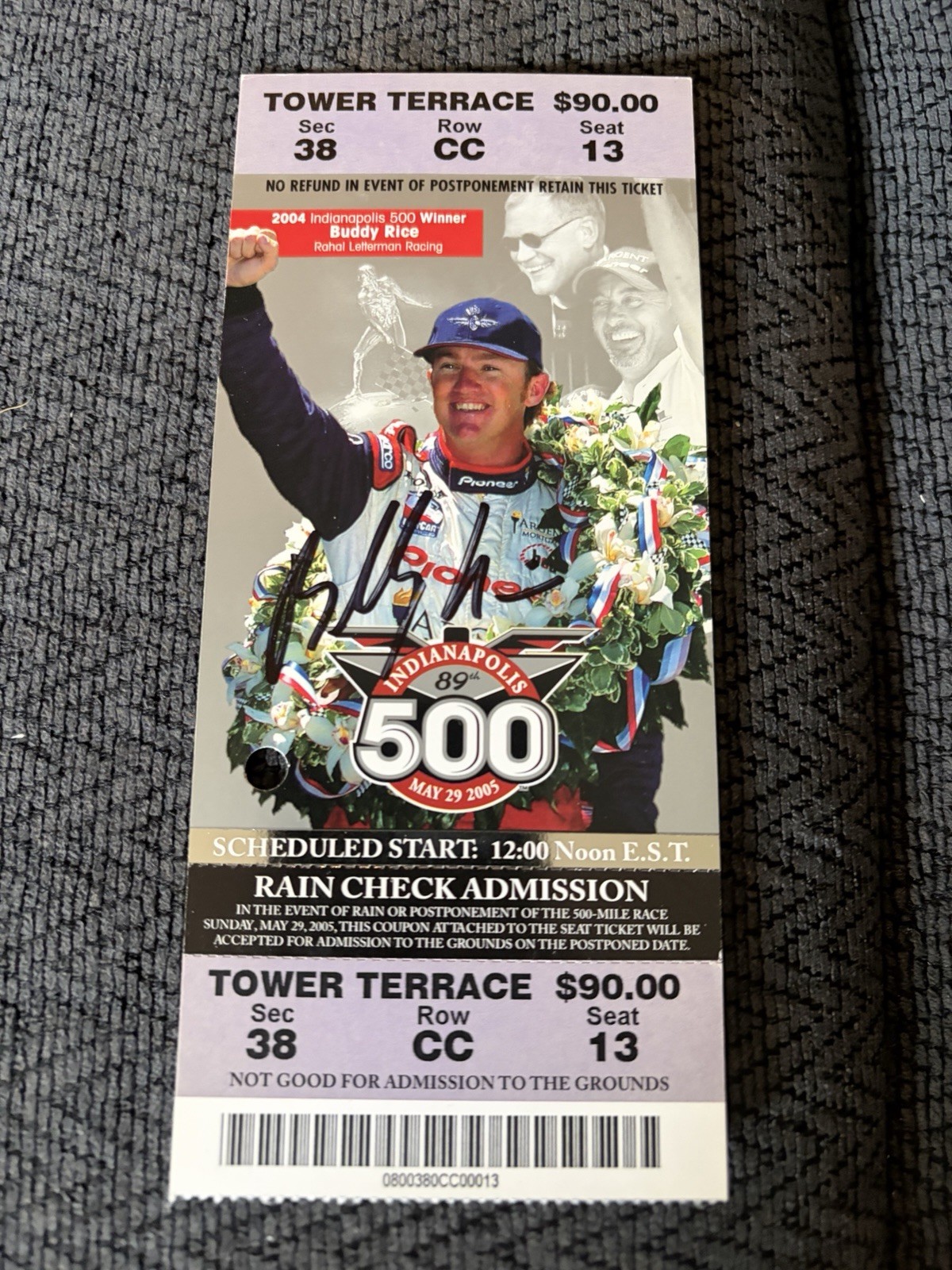 2005 Indy 500 Signed Ticket Stub Indianapolis 2004 Buddy Rice Winner