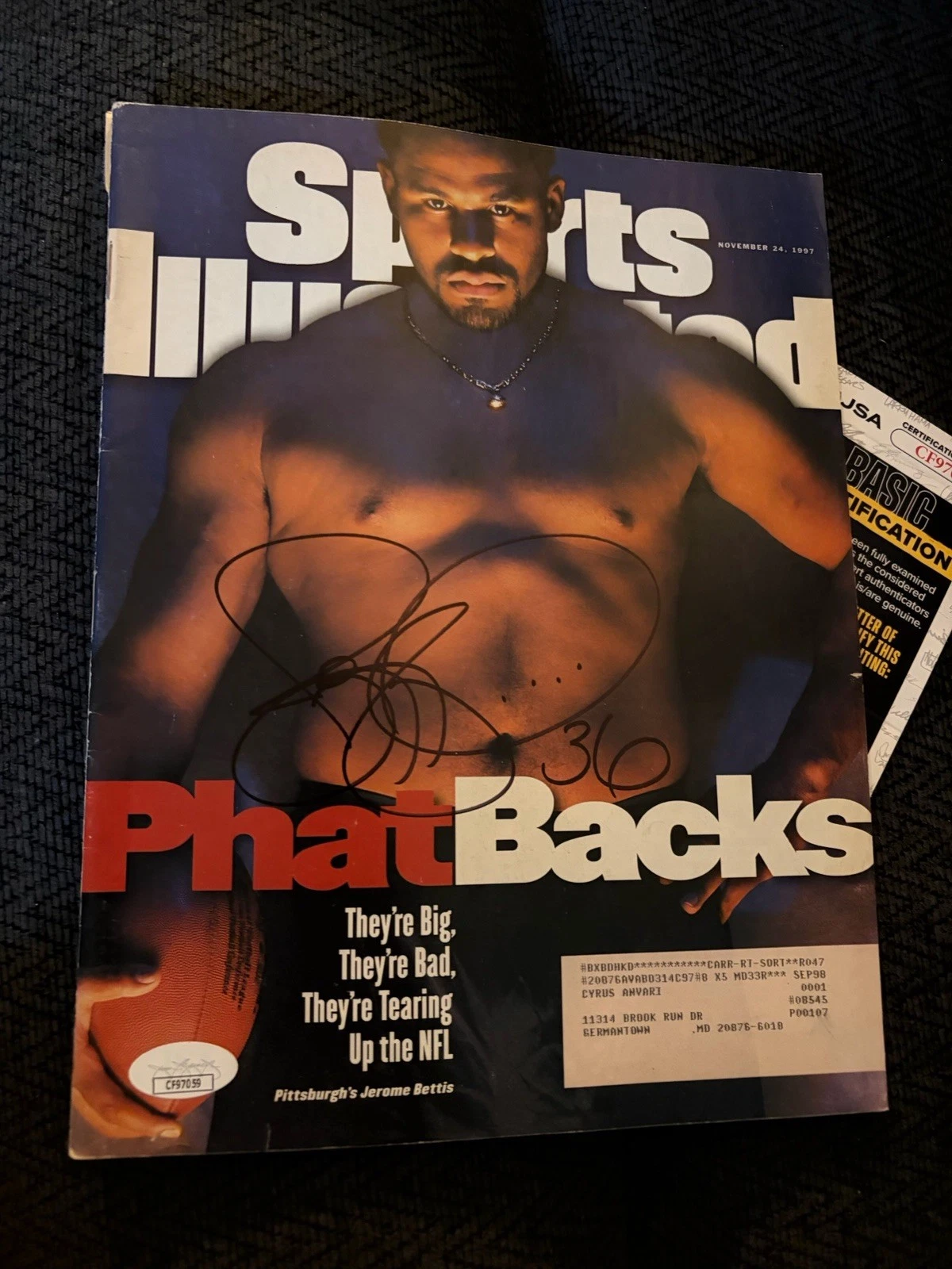 Jerome Bettis signed Sports Illustrated JSA Authentication COA Back Cover Tear