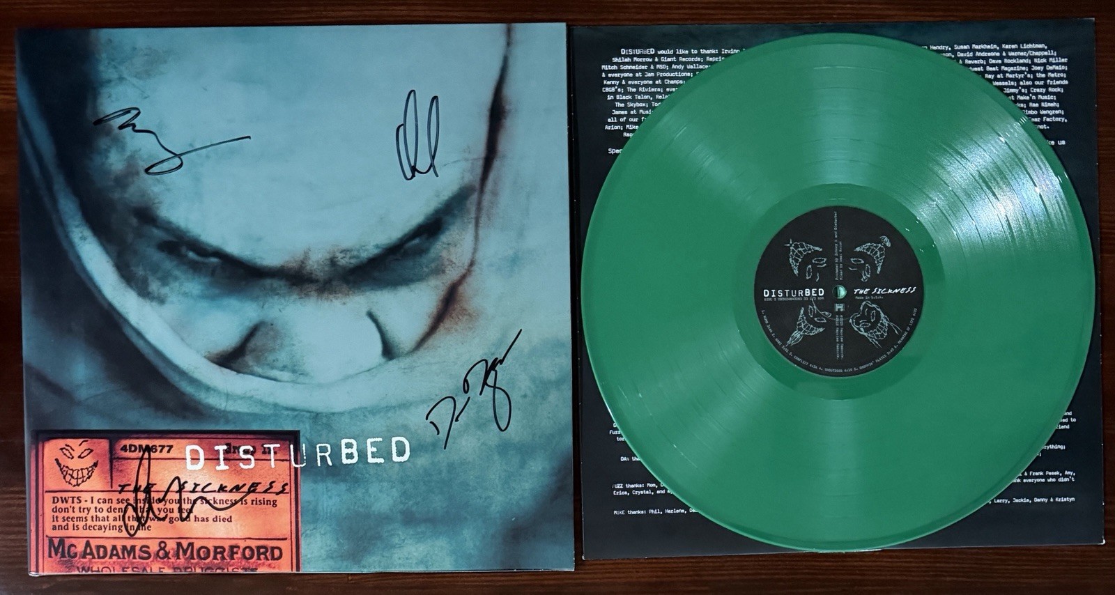 BAND SIGNED DISTURBED THE SICKNESS GREEN VINYL LP BECKETT BAS COA AUTOGRAPH