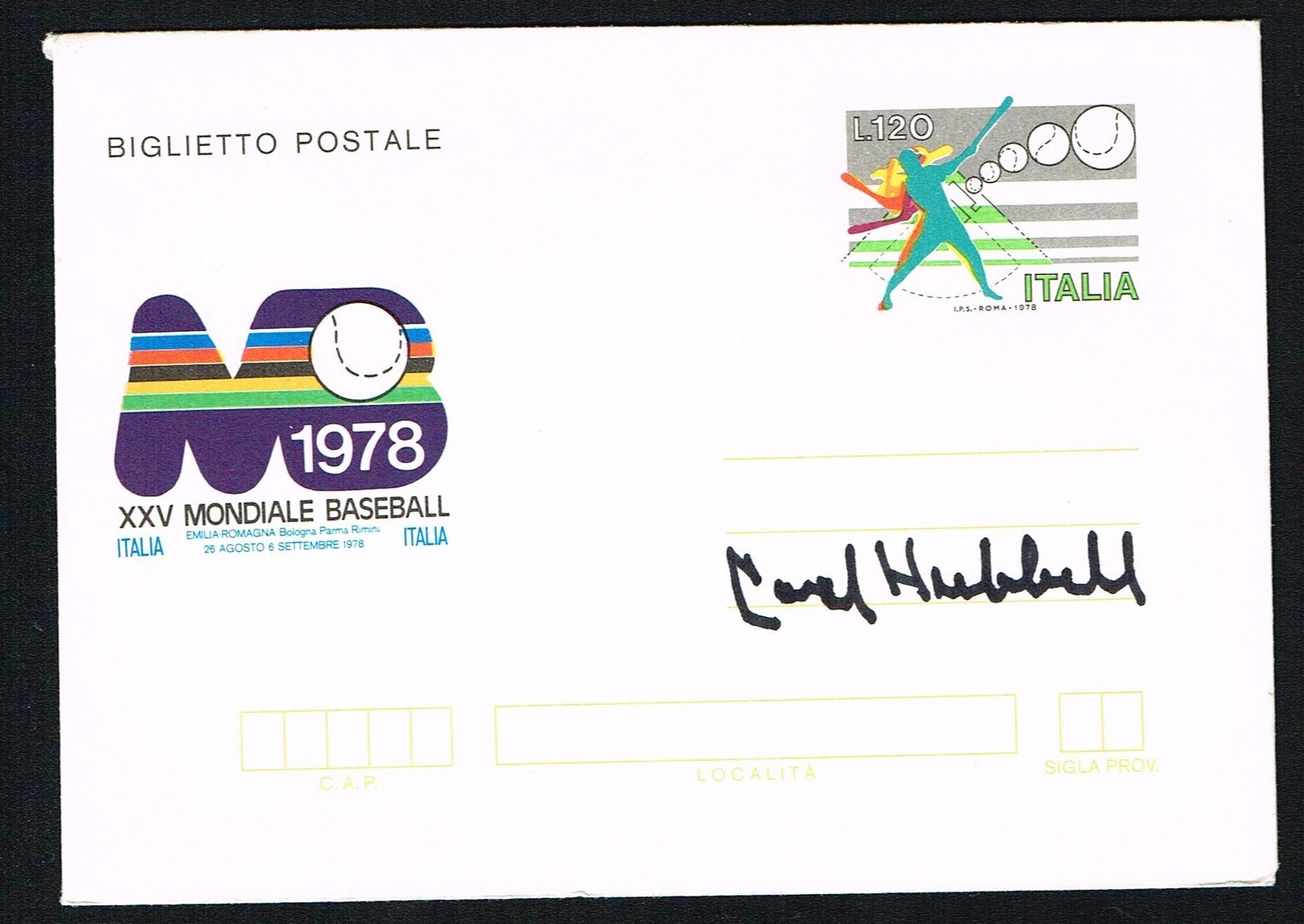 Carl Hubbell (d 1988) signed autograph auto Italian Postal Cover Baseball HOF'er