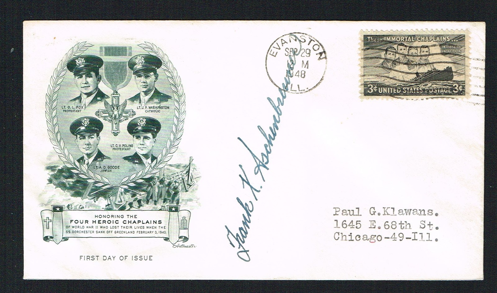 Frank Aschenbrenner (d. 2012) signed autograph Postal Cover Chicago Hornets