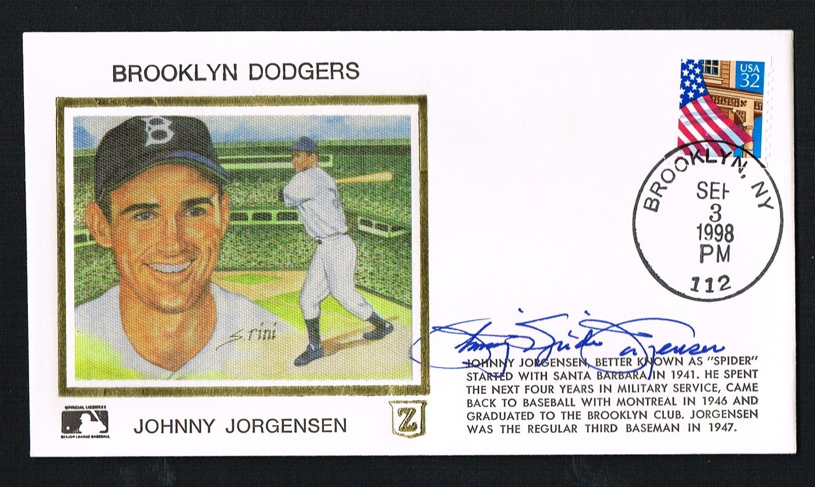Johnny Spider Jorgensen (d. 2003) signed autograph auto Postal Cover Baseball