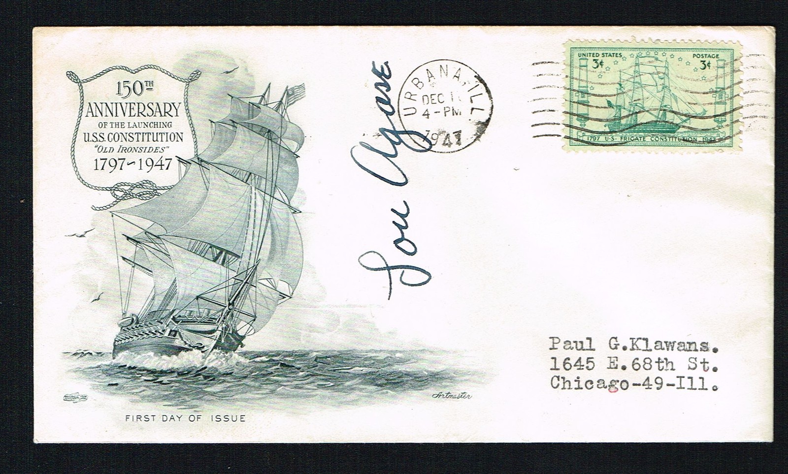Lou Agase (d. 2006) signed autograph auto Postal Cover 1947 Rose Bowl Illinois