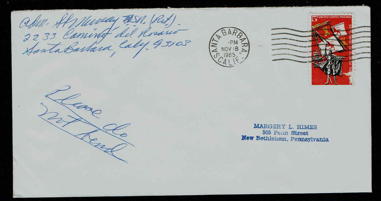 Stuart S. Murray (d. 1980) signed autograph Envelope Vice Admiral of US Navy WWI