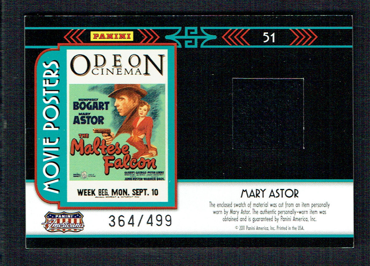 MARY ASTOR 2011 PANINI AMERICANA MATERIAL SWATCH CARD THE MALTESE FALCON 366/499 COLLECTIBLE MEMORABILIA