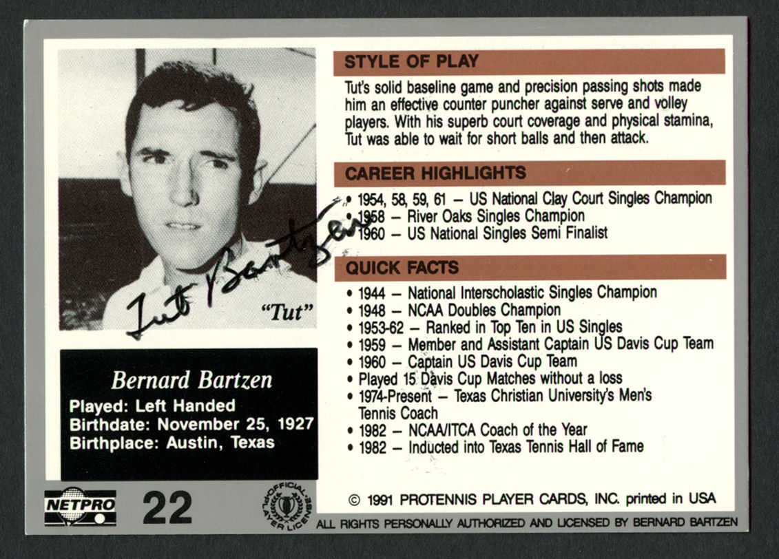 Bernard Tut Bartzen #22 signed autograph auto 1991 NetPro Legends Tennis Card