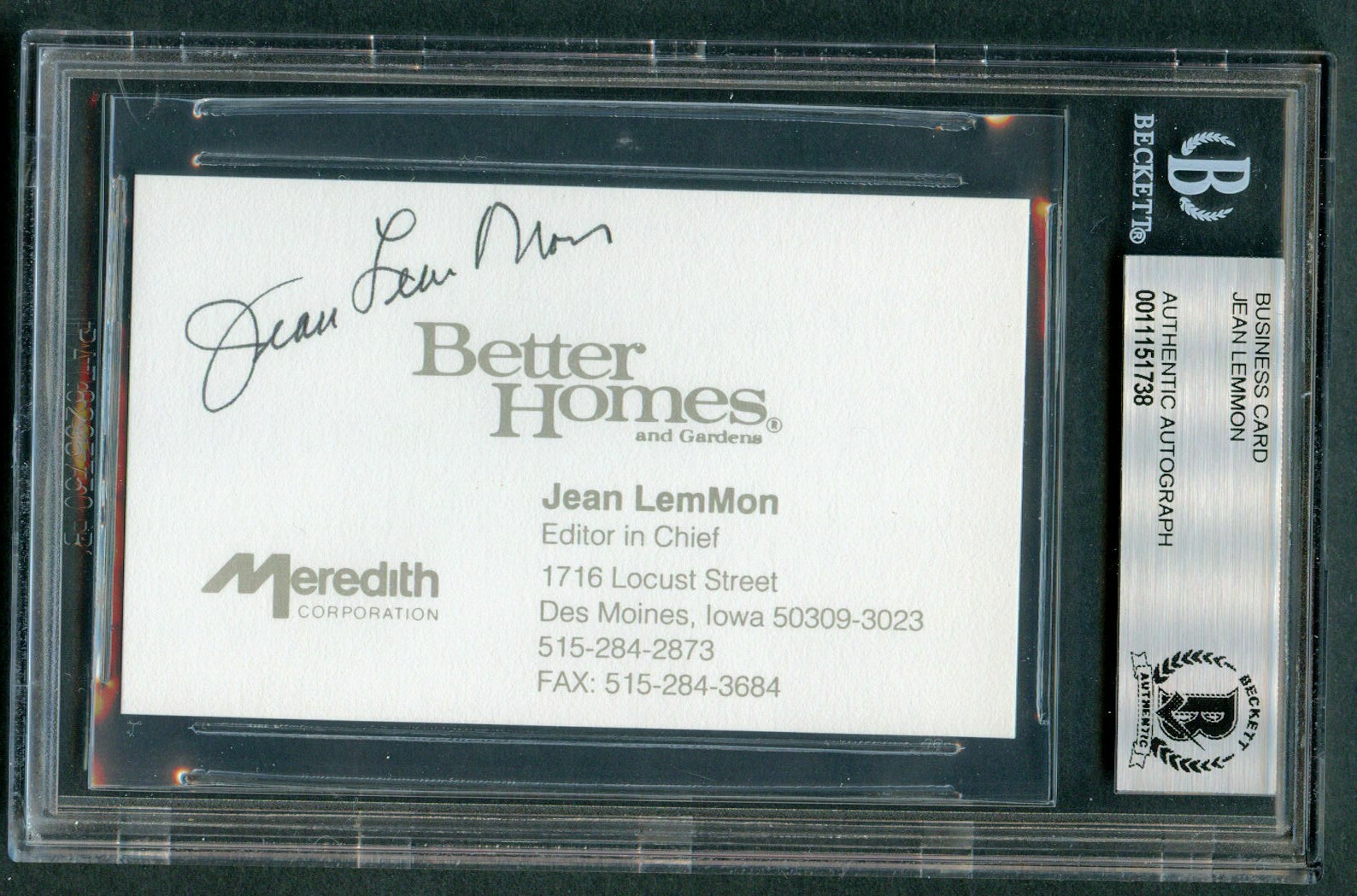 Jean LemMon signed autograph Better Homes Editor & Chief Business Card BAS Slab