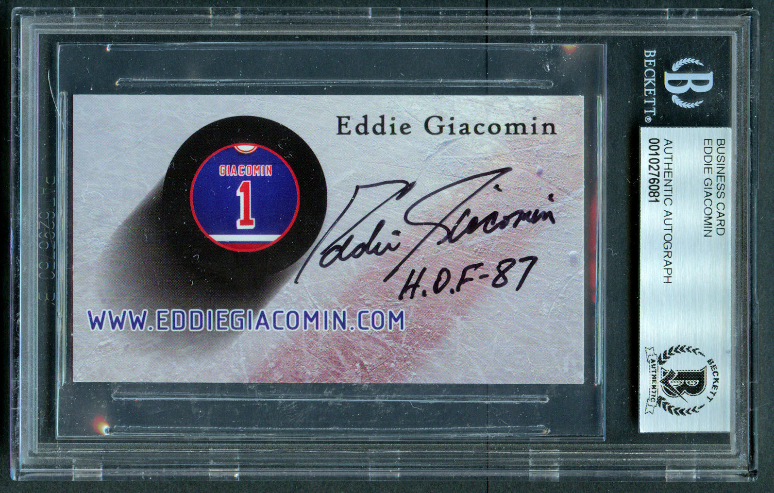 Eddie Giacomin signed autograph auto Hockey Hall of Famer Business Card BAS Slab