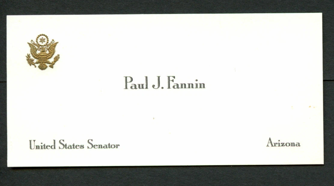 Paul J. Fannin (d. 2002) signed autograph U.S. Senator Business Card BC526