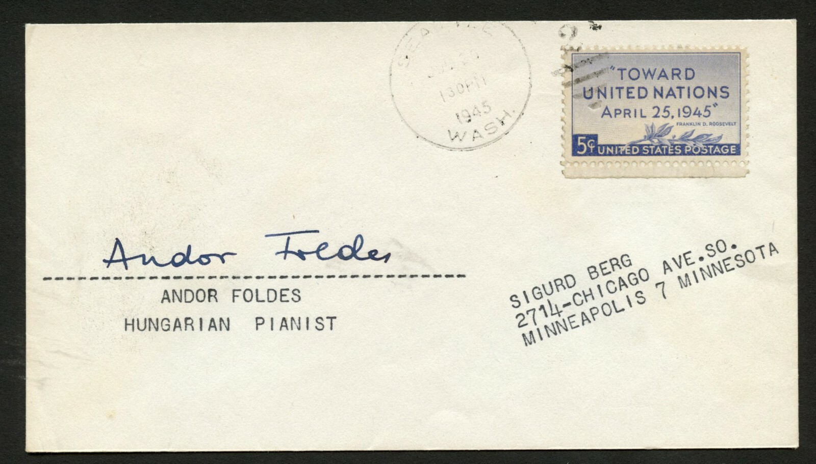 Andor Foldes d.1992 signed autograph auto postal cover Hungarian Pianist PC127