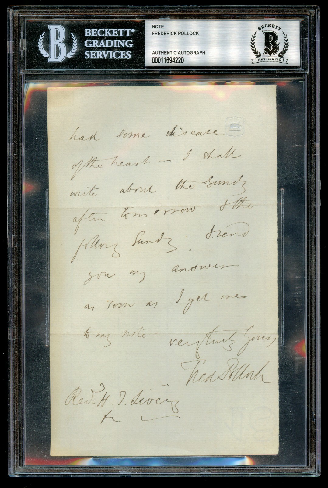 Frederick Pollock signed Handwritten Letter 1st Baronet Lawyer & Politician BAS