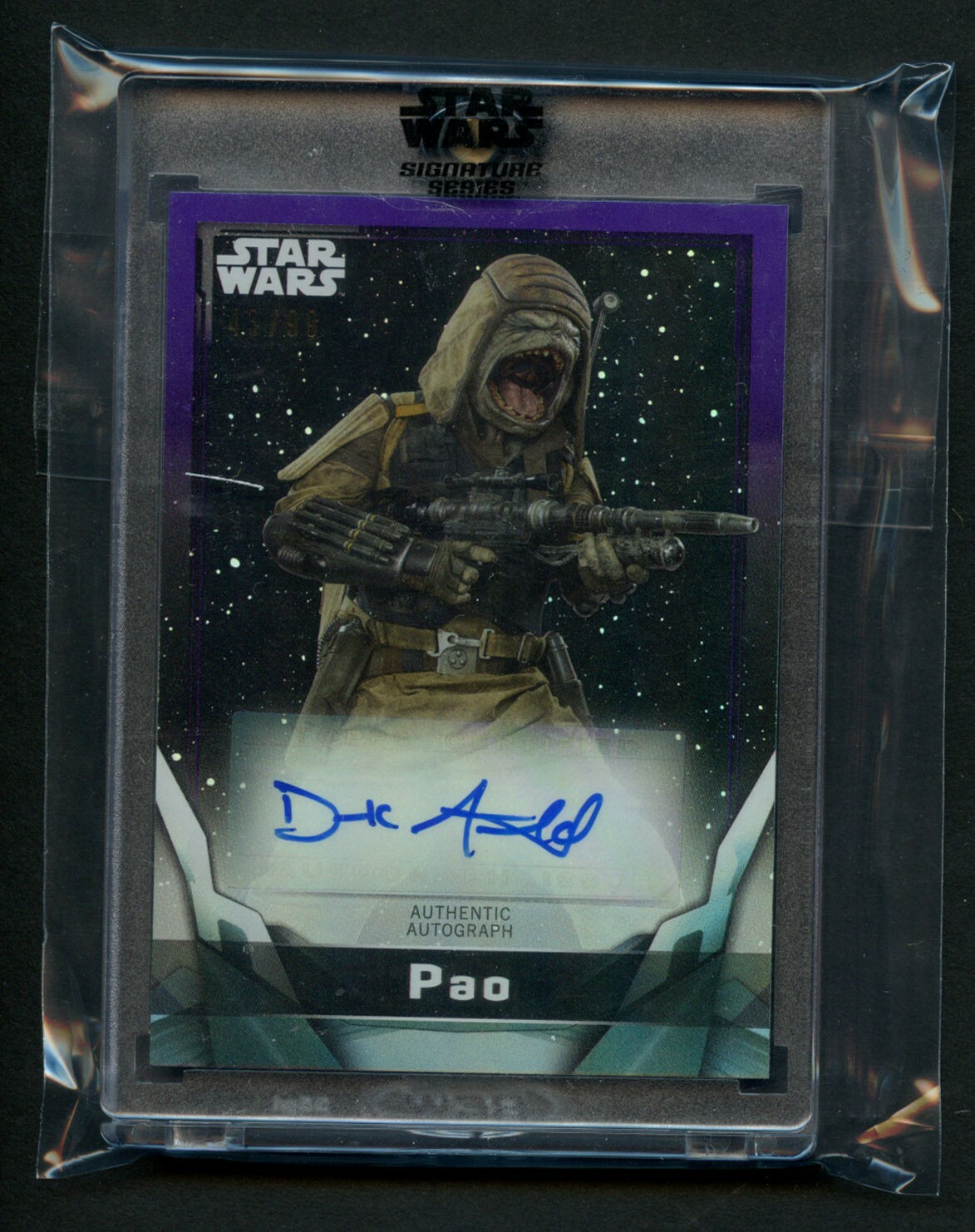DEREK ARNOLD AS PAO PURPLE 43/99 AUTO 2021 TOPPS STAR WARS SIGNATURE SERIES COLLECTIBLE MEMORABILIA