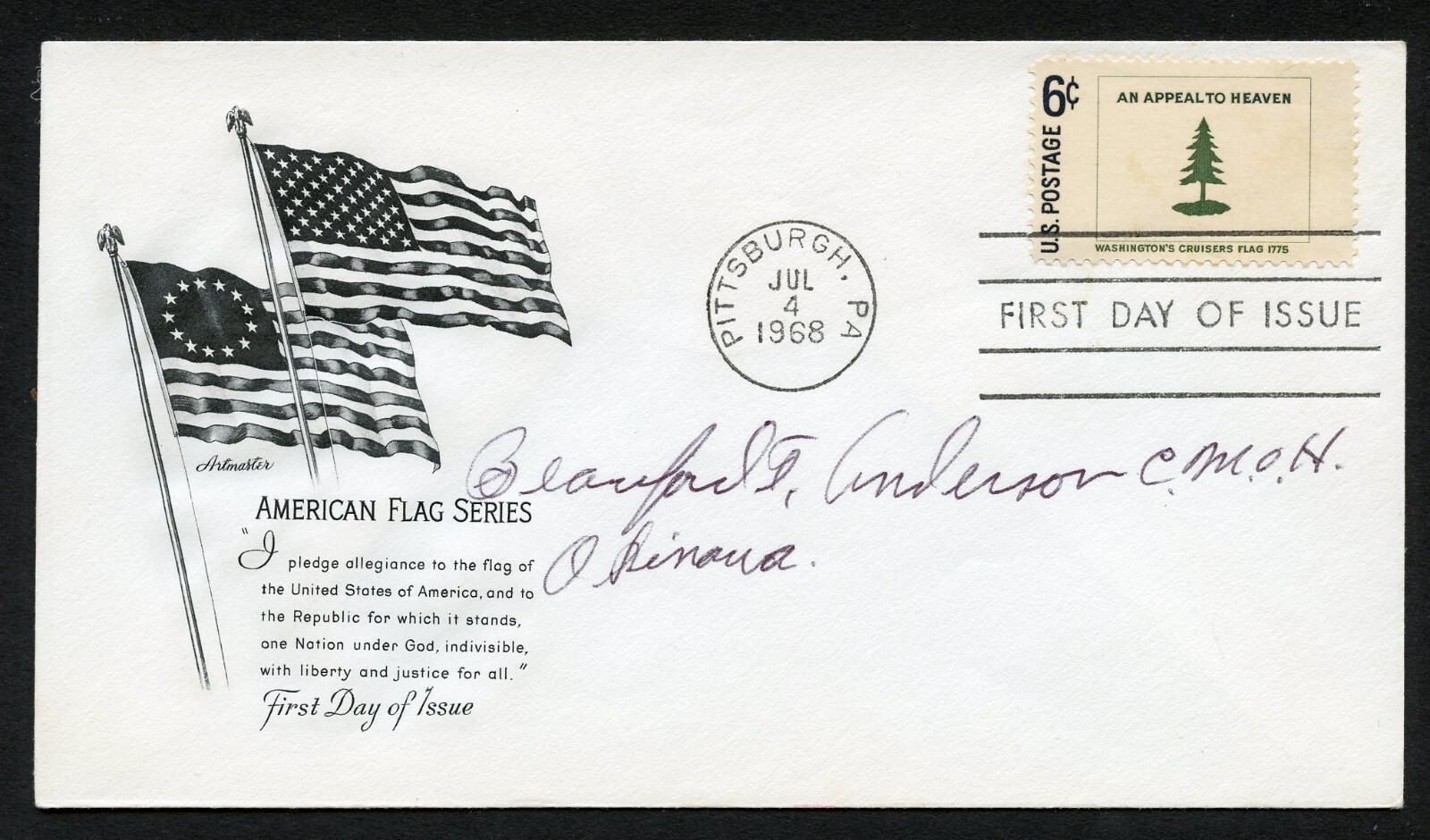 Beauford Anderson d1996 signed autograph auto FDC MOH Recipient Army WWII BAS