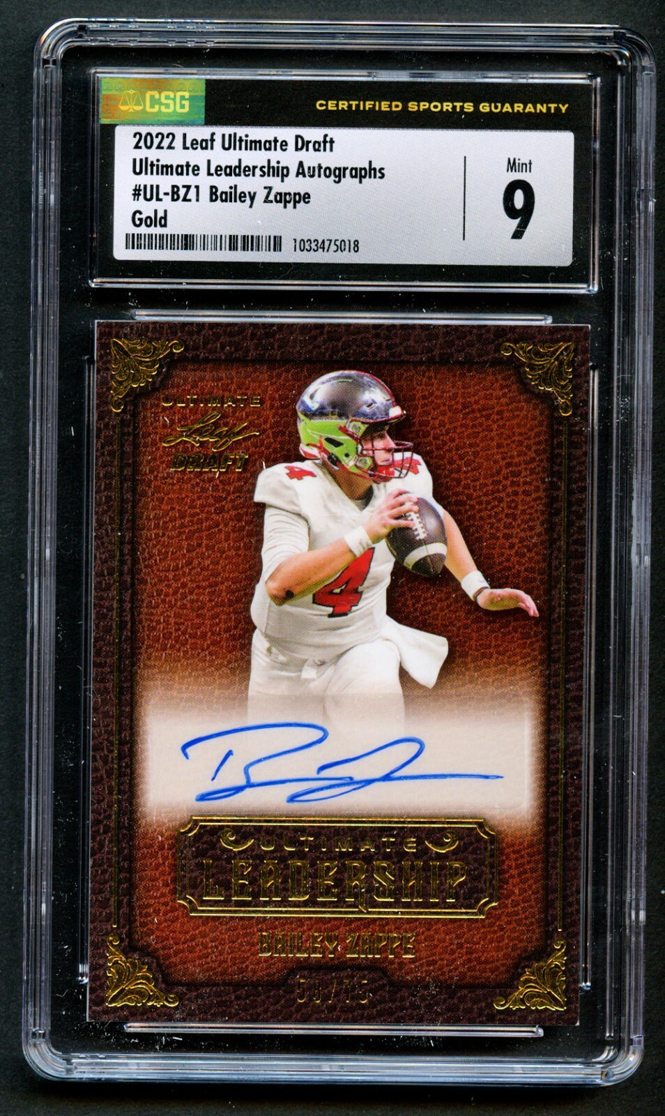 Bailey Zappe #UL-BZ1 Leaf Ultimate Draft 2022 Leadership Autographs 58/75 CSG 9