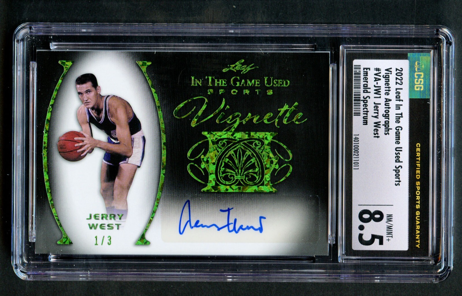 Jerry West 2022 Leaf In The Game Sports Vignette Autographs Emerald 1/3 CSG 8.5