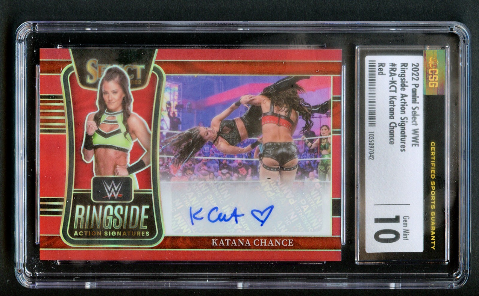 Katana Chance Panini Select WWE 2022 Ringside Action Signatures Red 75/99 CSG 10