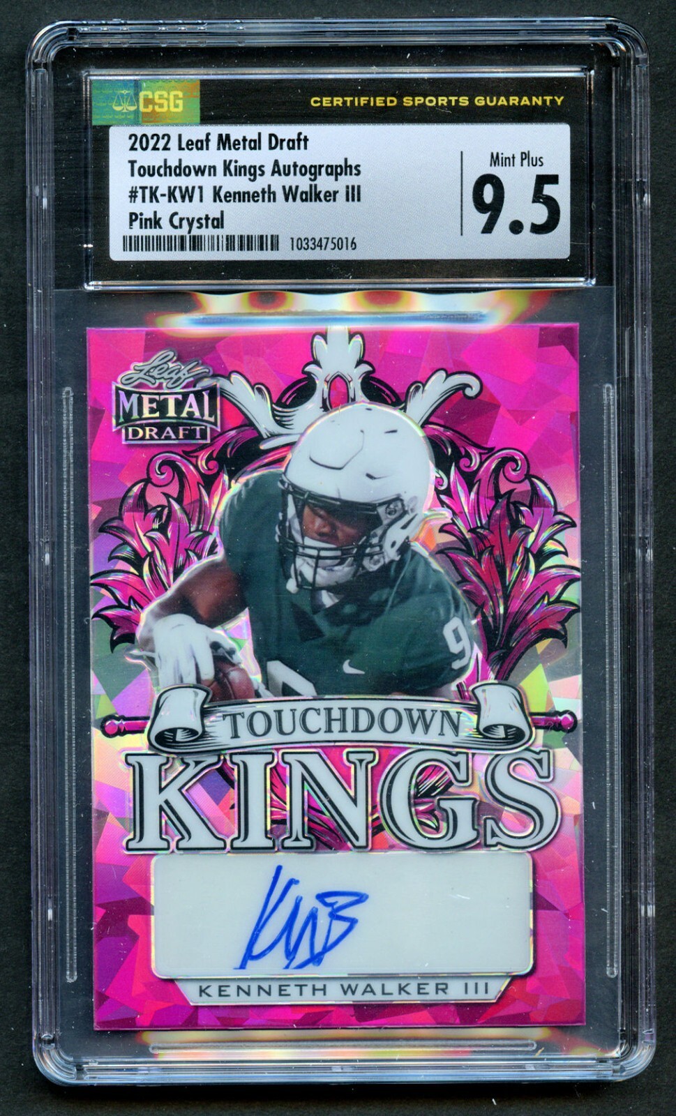 Kenneth Walker III Leaf Metal Draft Touchdown Kings Autographs Pink Crystal CSG