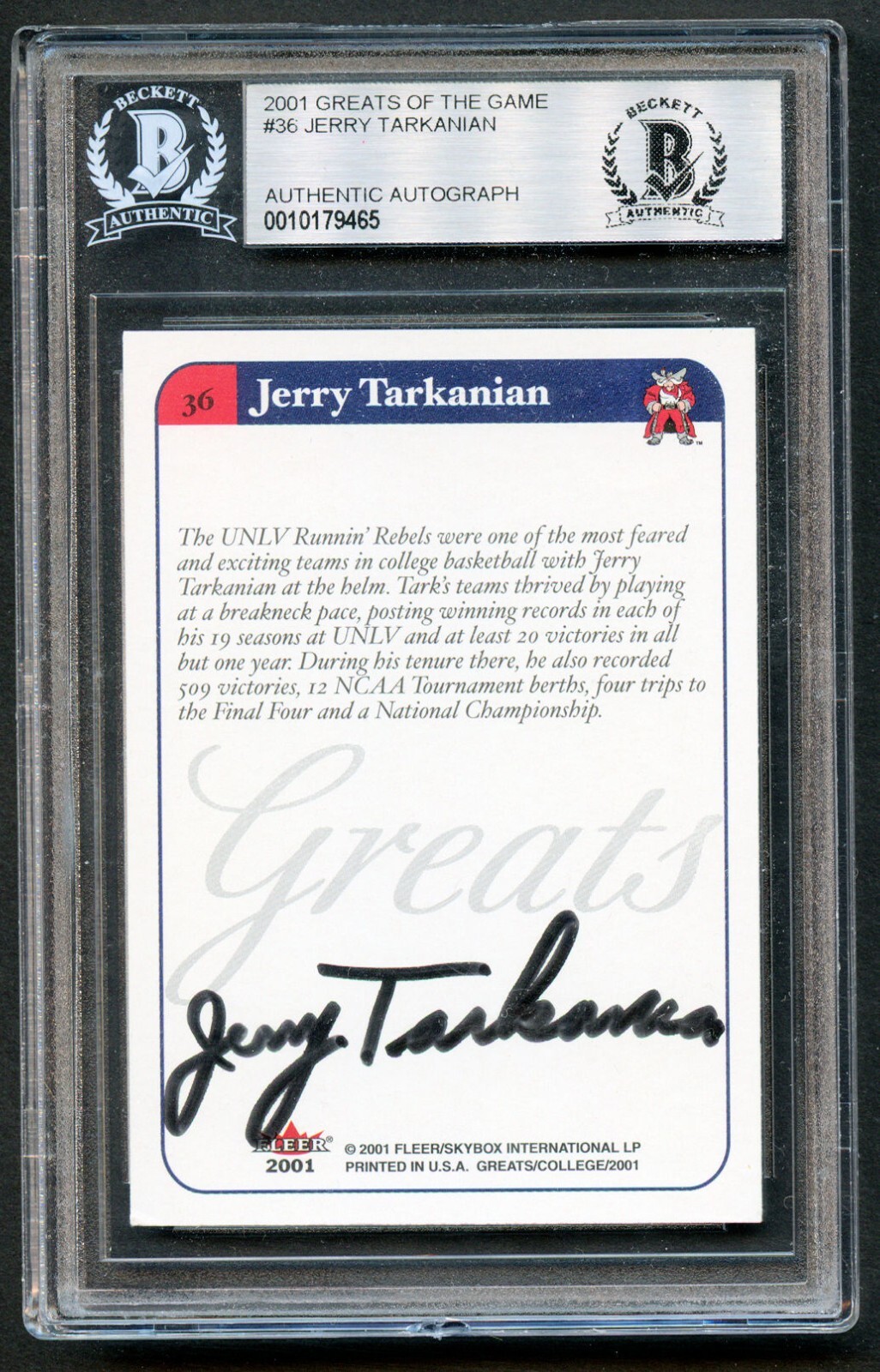 Jerry Tarkanian #36 signed autograph auto 2001 Greats of the Game Card BAS Slab