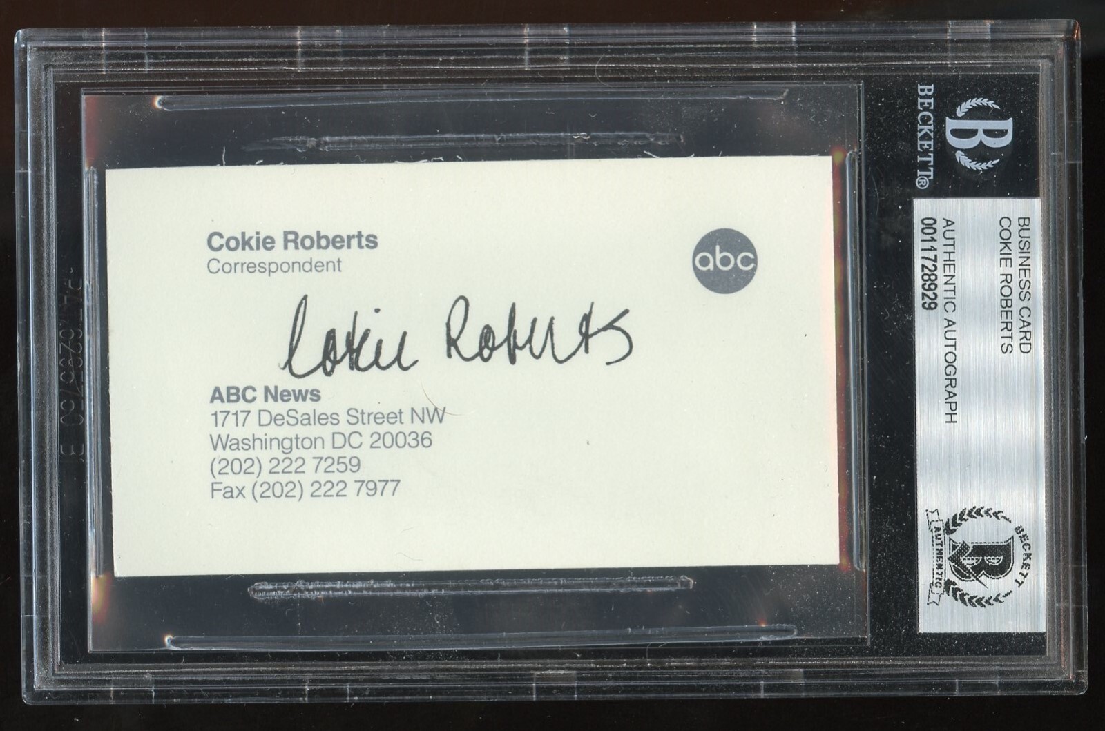 Cookie Roberts signed autograph auto Correspondent Business Card BAS Slabbed