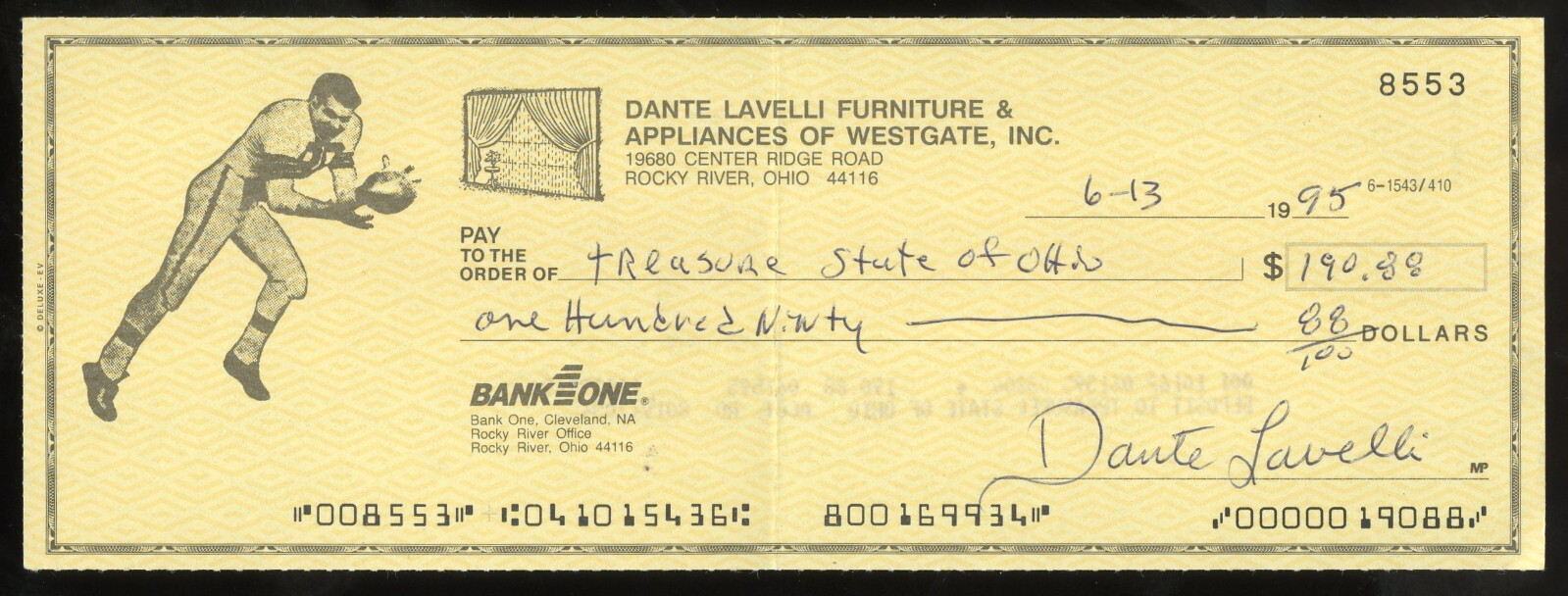 Dante Lavelli d2009 signed check American Football Player Hall of Fame