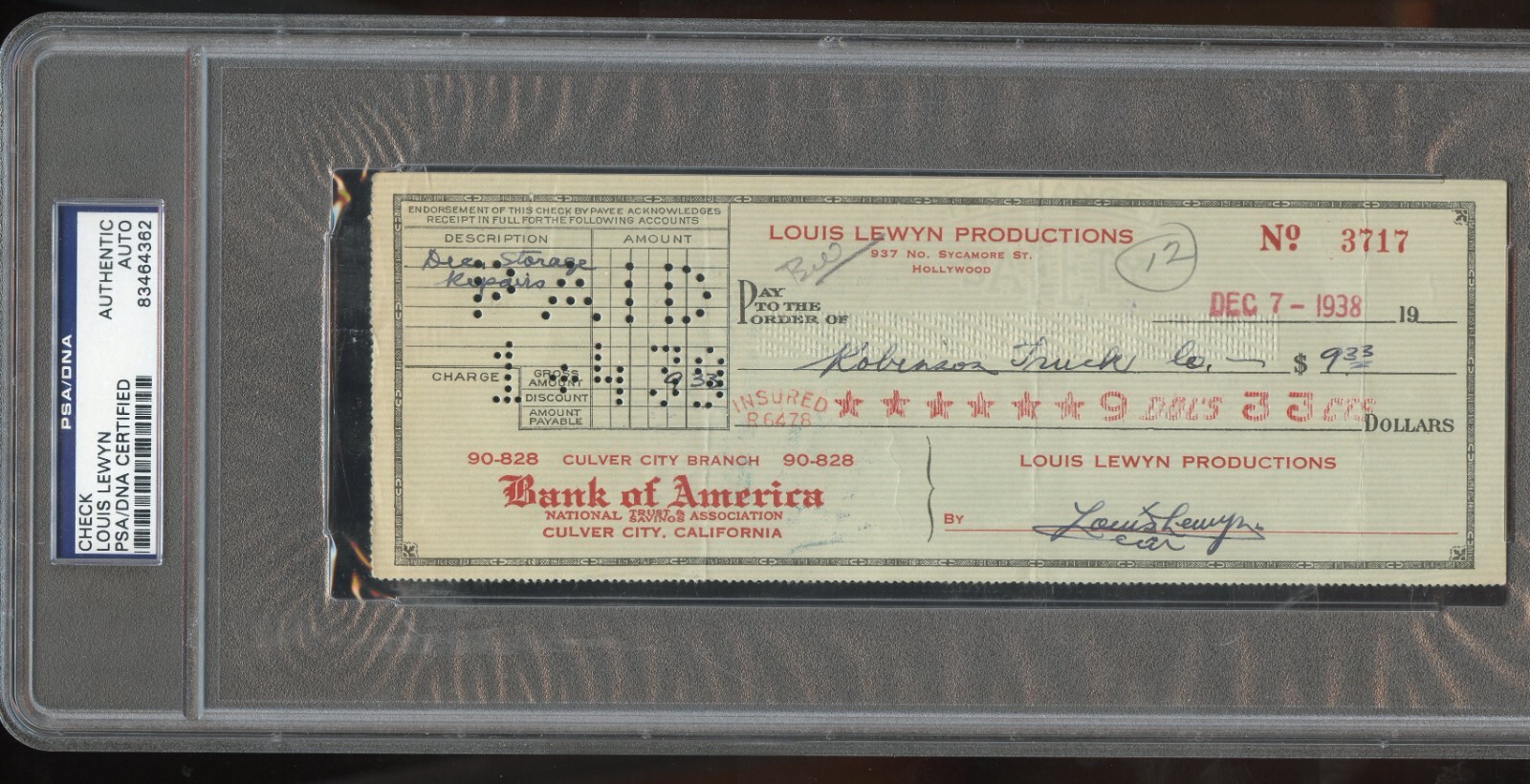 LOUIS LEWYN SIGNED AUTOGRAPH BANK CHECK PRODUCER MARY OF THE MOVIES PSA SLABBED COLLECTIBLE MEMORABILIA