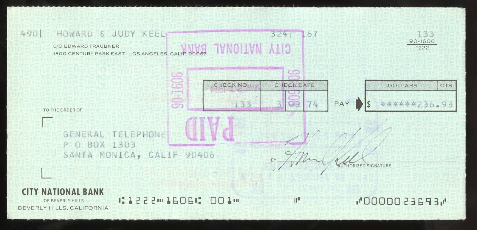 Howard Keel d2004 signed check auto American Actor as Clayton Farlow on Dallas