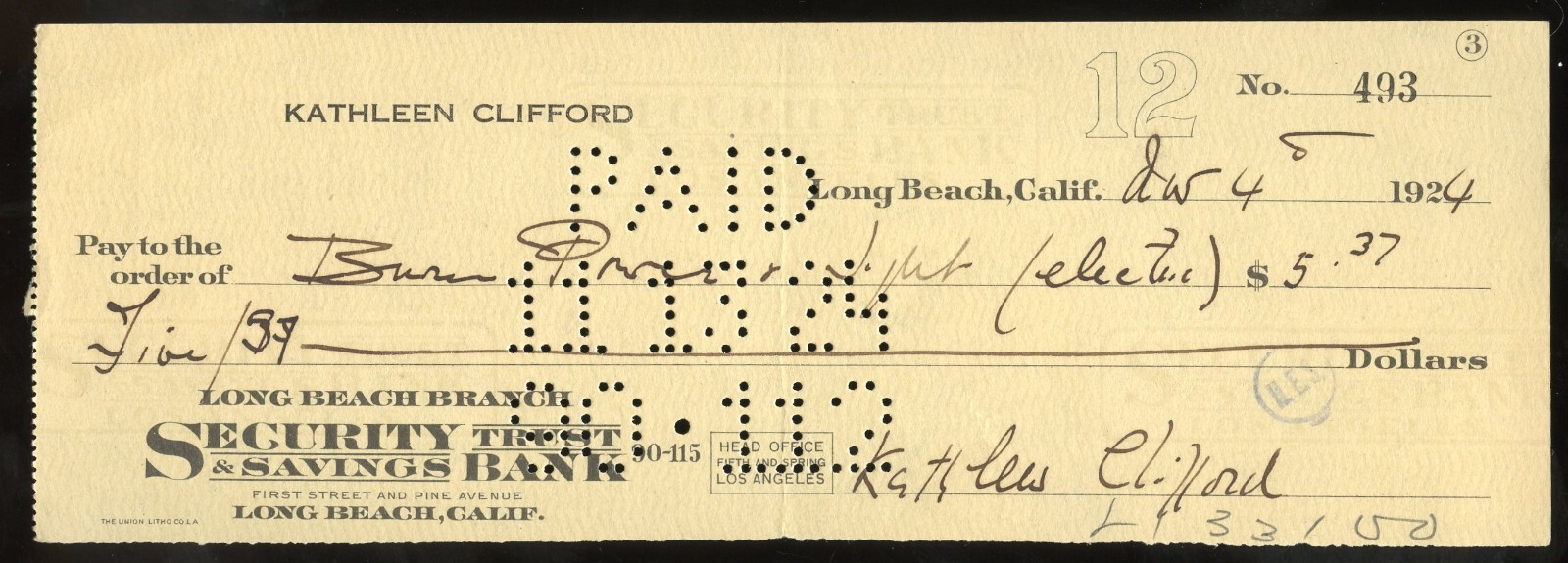 Kathleen Clifford d1962 signed check auto Vaudeville and Broadway Actress