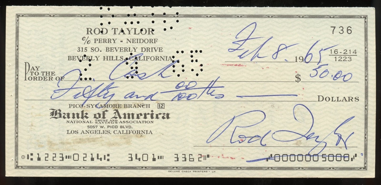 Rod Taylor d2015 signed check auto American Actor as Mitch Brenner in The Birds