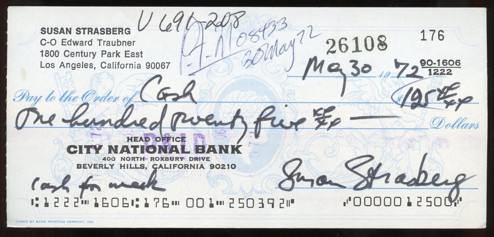 Susan Strasberg d1999 signed check auto Broadway Actress Diary of Anne Frank