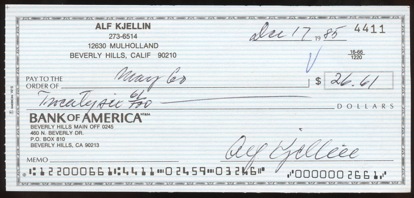 Alf Kjellin d1988 signed check auto American Film Actor and Director