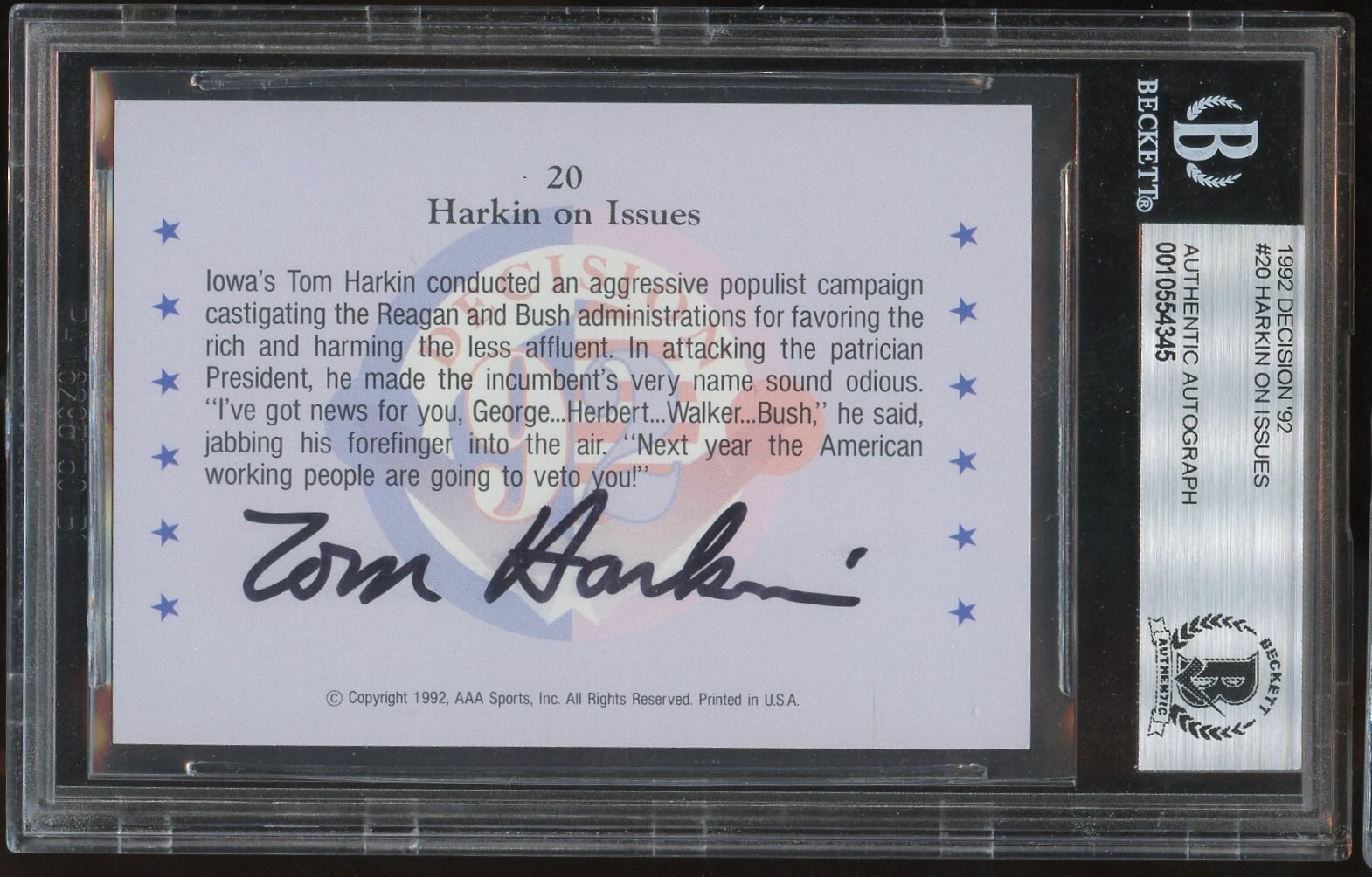 Tom Harkin on Issues #20 signed autograph auto 1992 Decision 92 Card BAS Slabbed