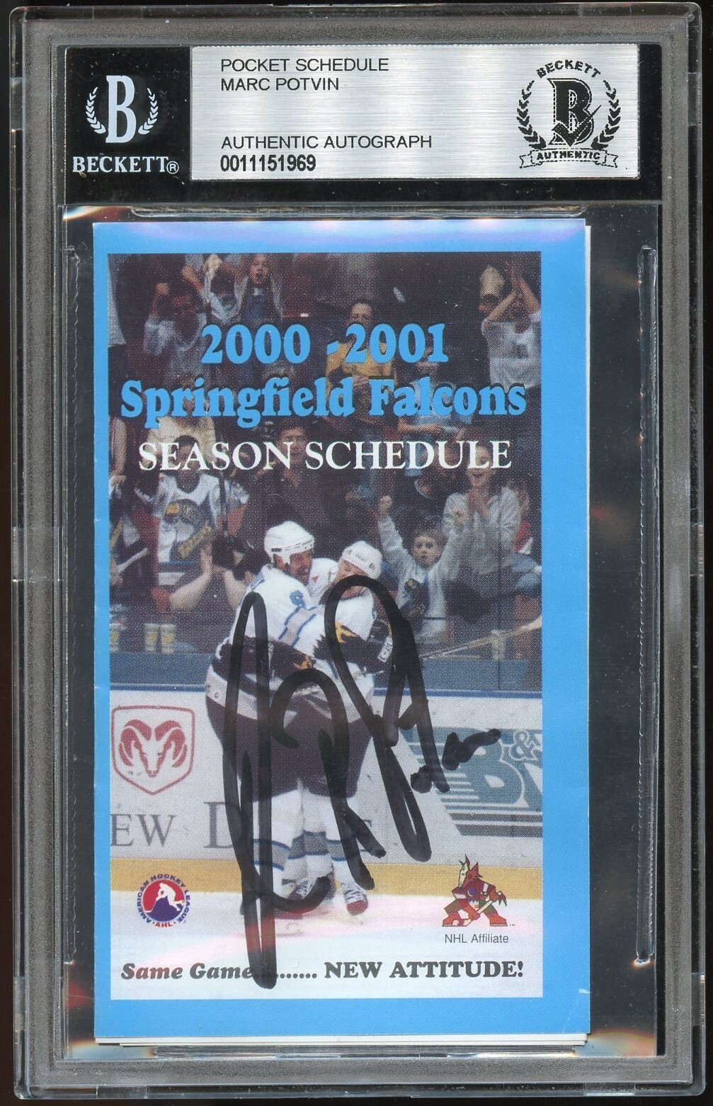 Marc Potvin signed autograph 2000-2001 Springfield Falcons Pocket Schedule BAS