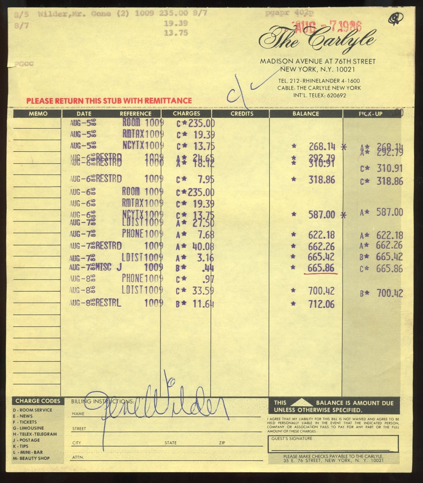 Gene Wilder signed autograph The Carlyle NY Hotel Folio Receipt BAS Sticker
