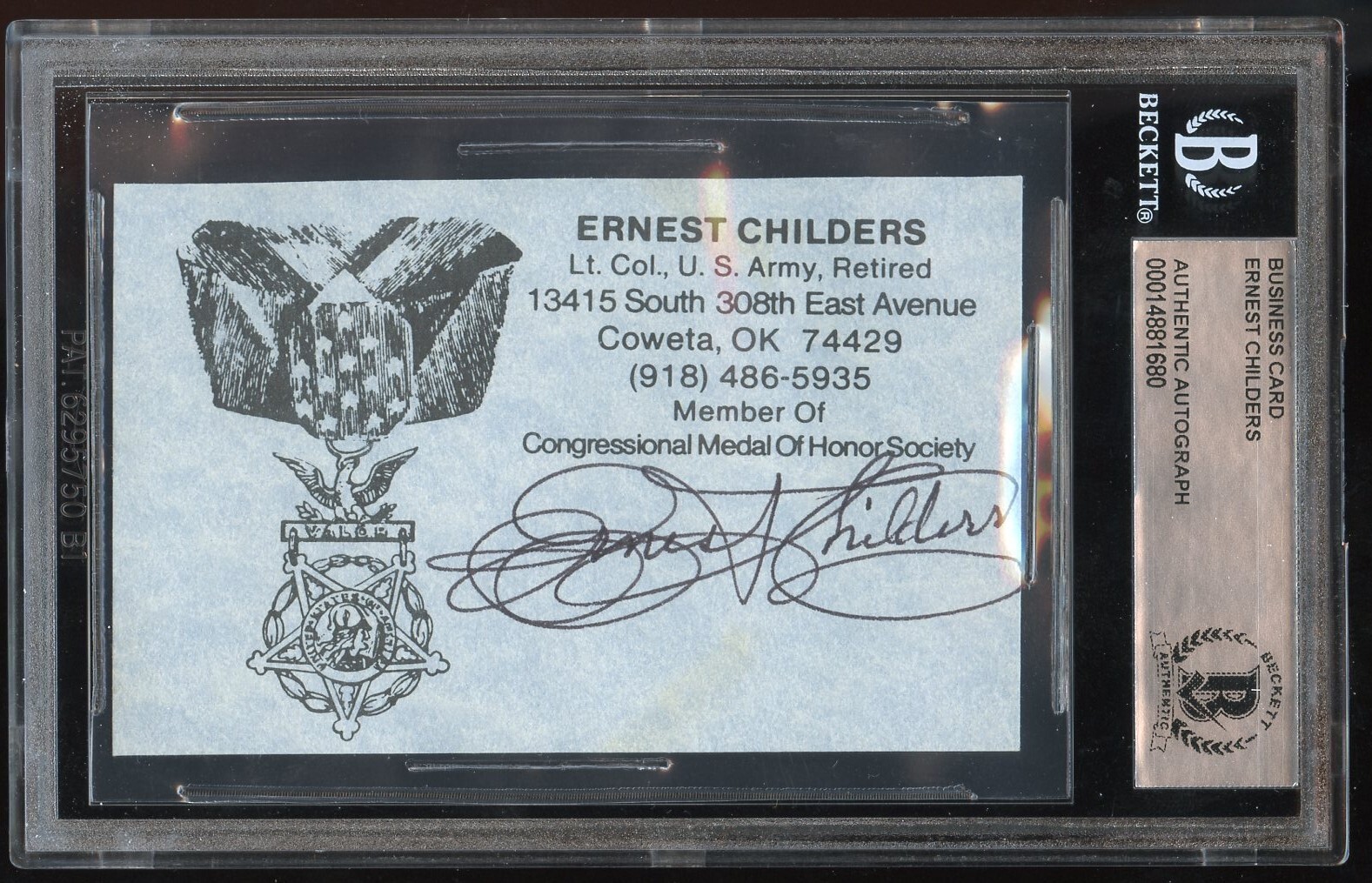 Ernest Childers d2005 signed autograph Army WWII MOH Business Card BAS Slabbed