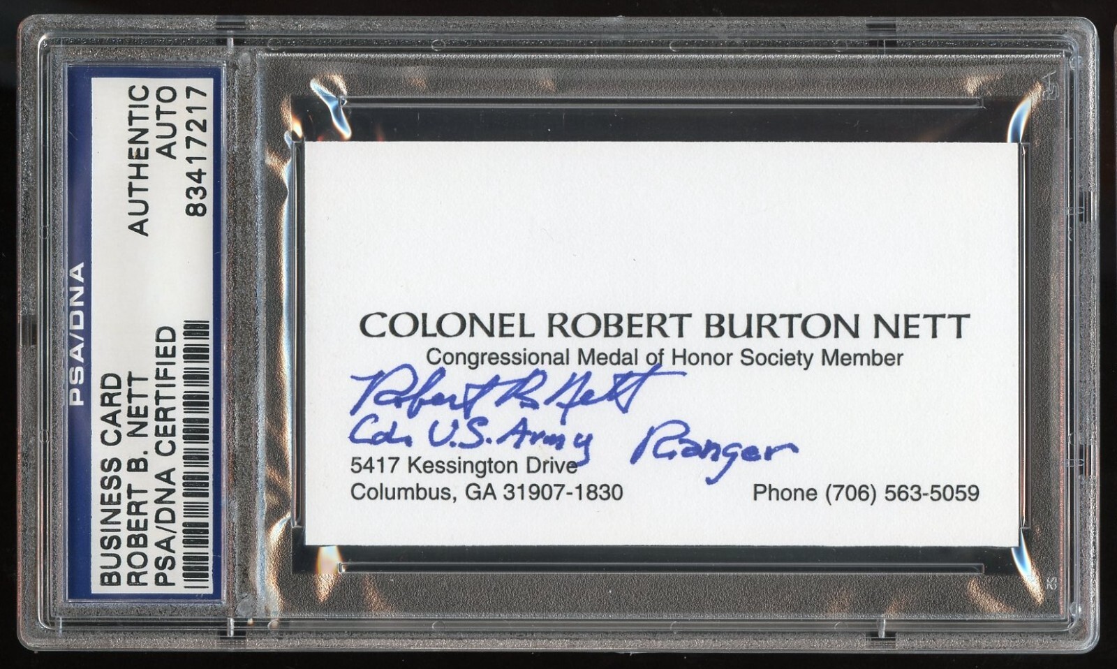 Robert B. Nett d2008 signed autograph Business Card MOH WWII Army PSA Slabbed