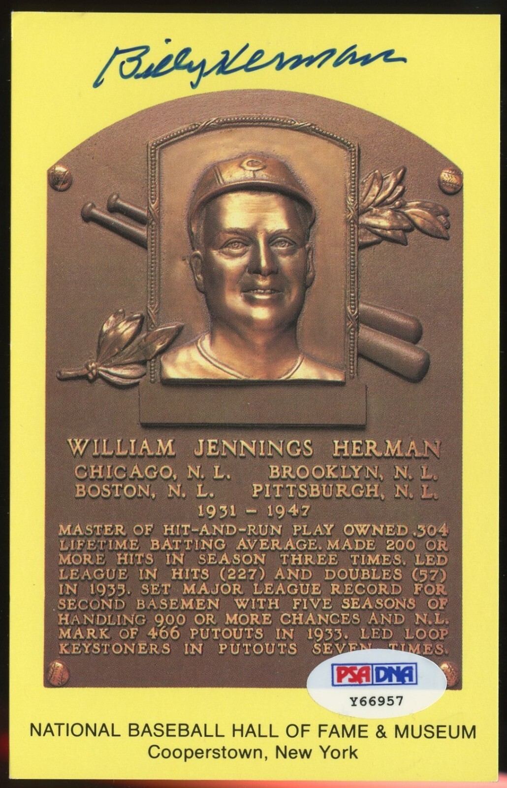 William Billy Herman signed autograph Baseball HOF Gold Plaque Postcard PSA