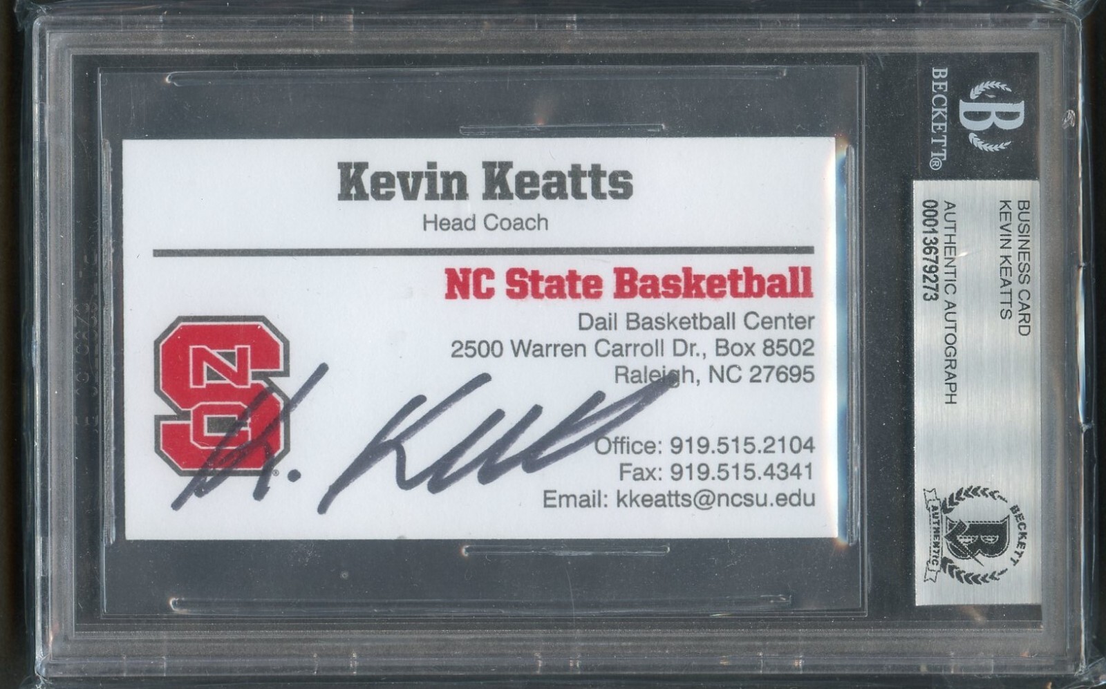 Kevin Keatts signed autograph auto Basketball Head Coach Business Card BAS Slab