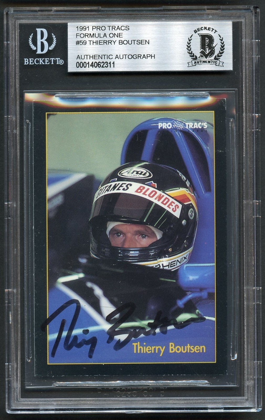 Thierry Boutsen #59 signed autograph auto 1991 Pro Tracs Formula One BAS Slabbed