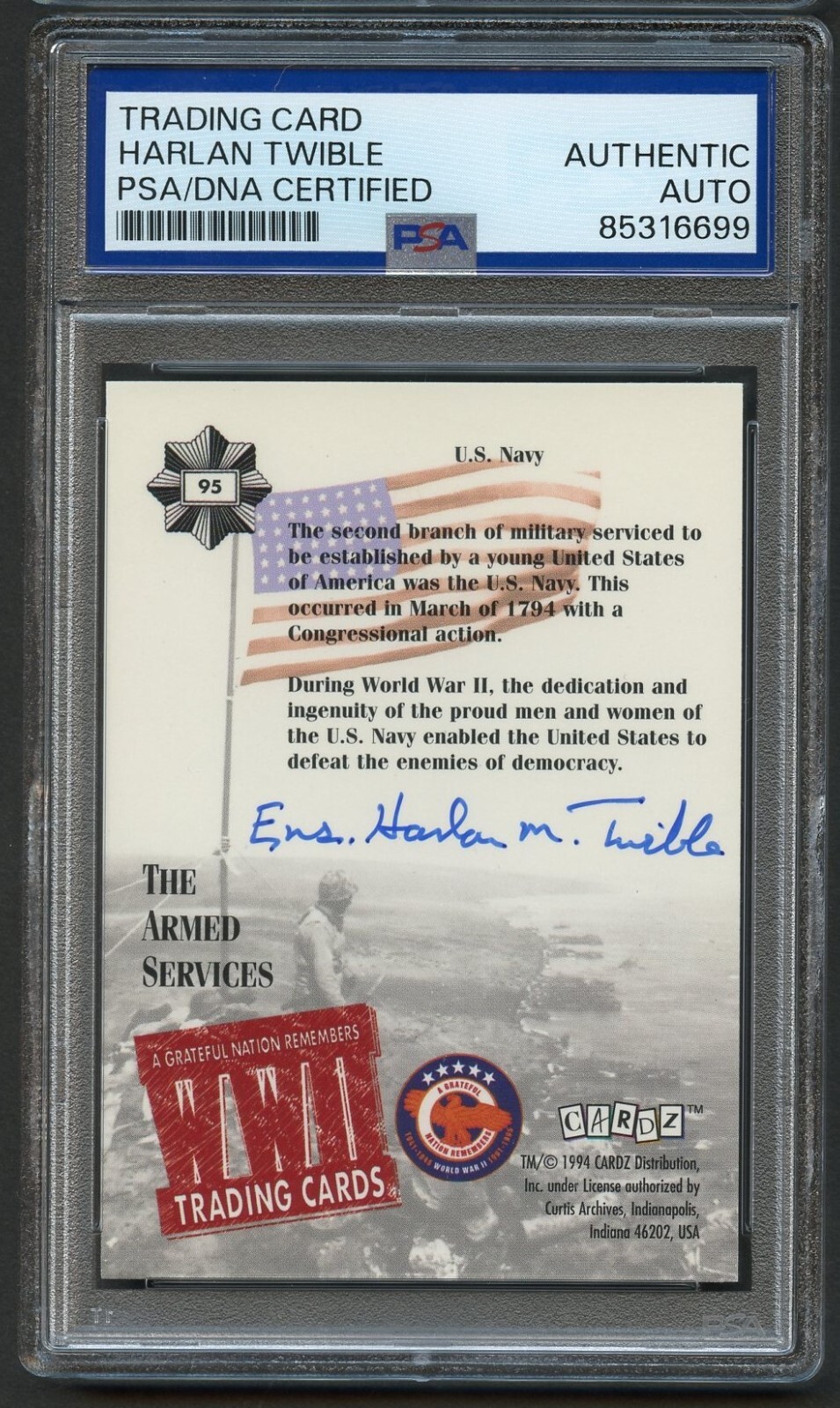 Harlan Twible signed autograph USS Indianapolis Survivor WWII Card PSA Slabbed