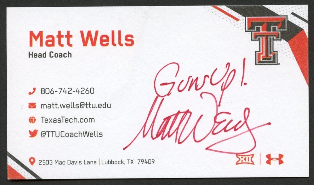 Matt Wells signed autograph Football Head Coach Texas Tech Business Card BC142
