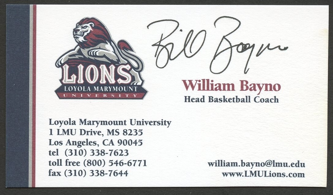 William Bayno signed auto Coach Basketball Loyola Marymount Business Card BC134