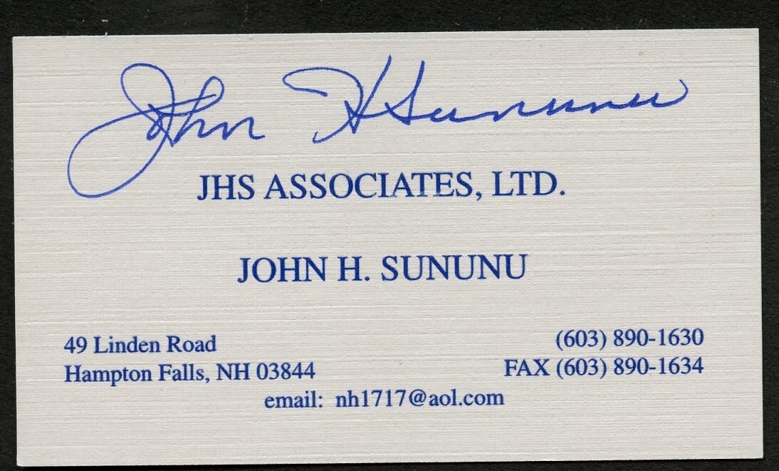John H Sununu signed autograph JHS Associates LTD Business Card BC485